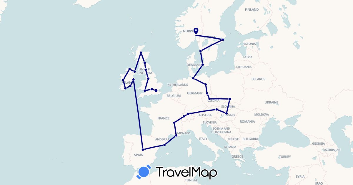 TravelMap itinerary: driving in Austria, Switzerland, Czech Republic, Germany, Denmark, Spain, France, United Kingdom, Hungary, Ireland, Norway, Poland, Sweden (Europe)