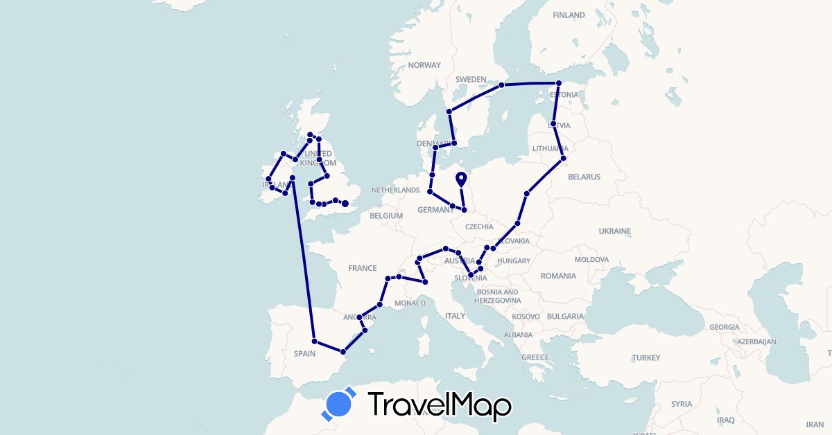 TravelMap itinerary: driving in Andorra, Austria, Switzerland, Germany, Denmark, Estonia, Spain, France, United Kingdom, Ireland, Italy, Lithuania, Latvia, Poland, Sweden, Slovenia, Slovakia (Europe)